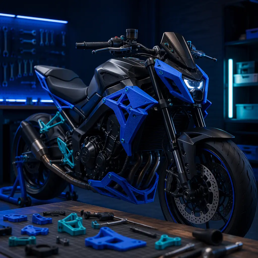 3D printed motorcycle fairing and brackets fitted to a motorcycle in a workshop, parts mounted on the bike, workbench with tools, industrial lighting with cool blue tones