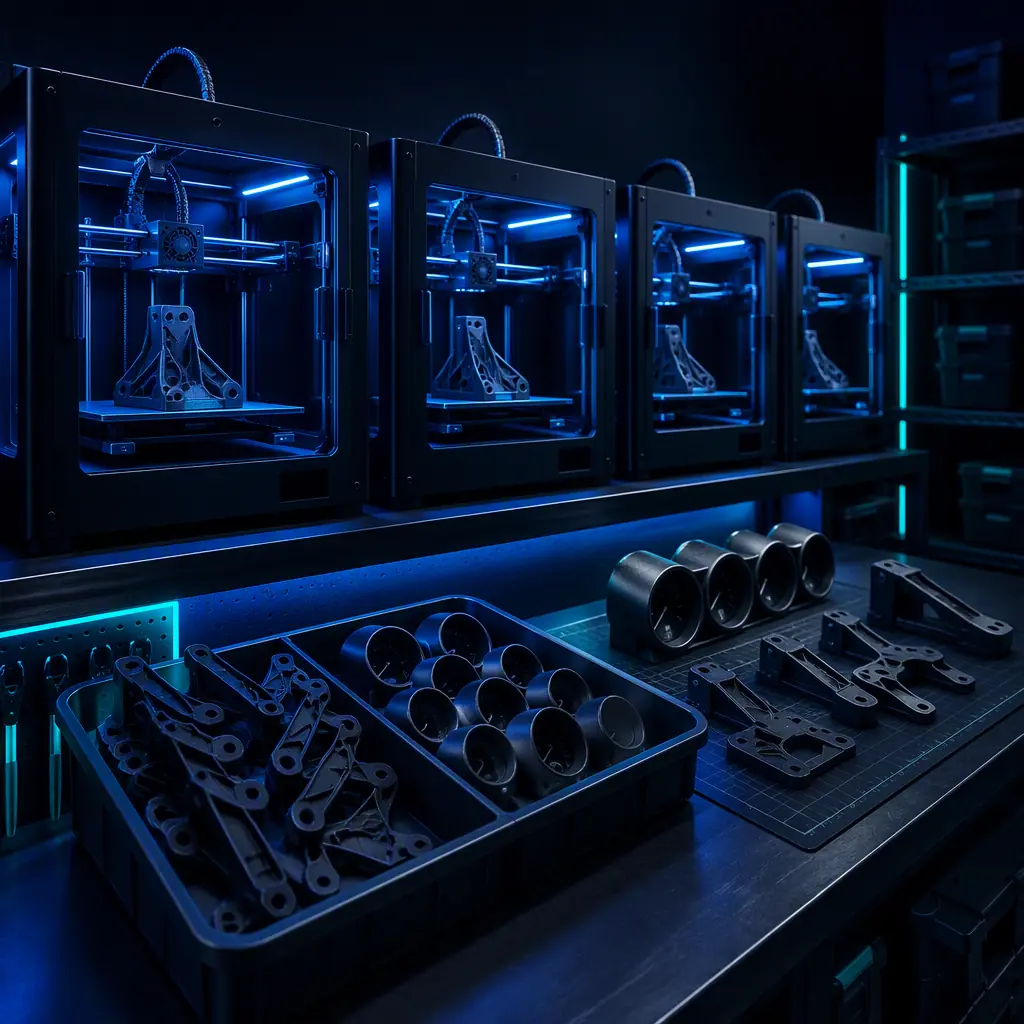 Row of 3D printers producing powersports parts in a small print farm, LED-lit chambers, finished brackets and gauge pods in the collection area, studio lighting