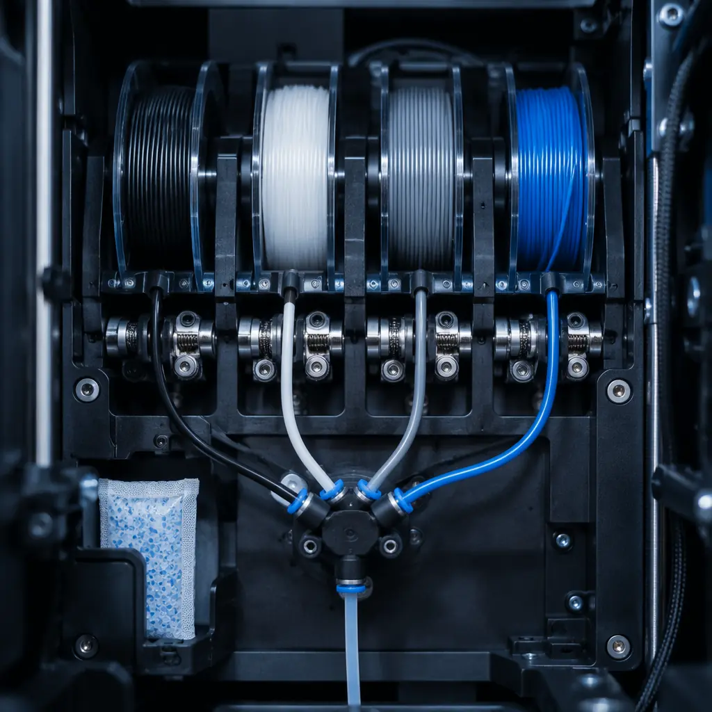 Close-up of Bambu Lab AMS unit with four filament spools loaded, filament feeding through PTFE tubes into enclosed 3D printer, desiccant pack visible, professional product photography in engineering environment