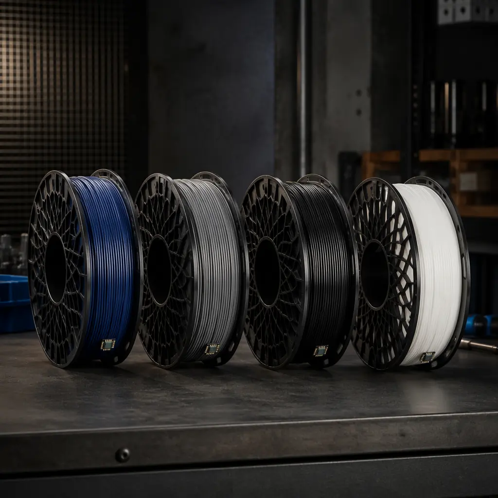 Four Bambu Lab RFID filament spools arranged on industrial workbench, RFID chip visible on spool rim, PLA-CF/PETG/ABS/ASA variety, professional warehouse product photography