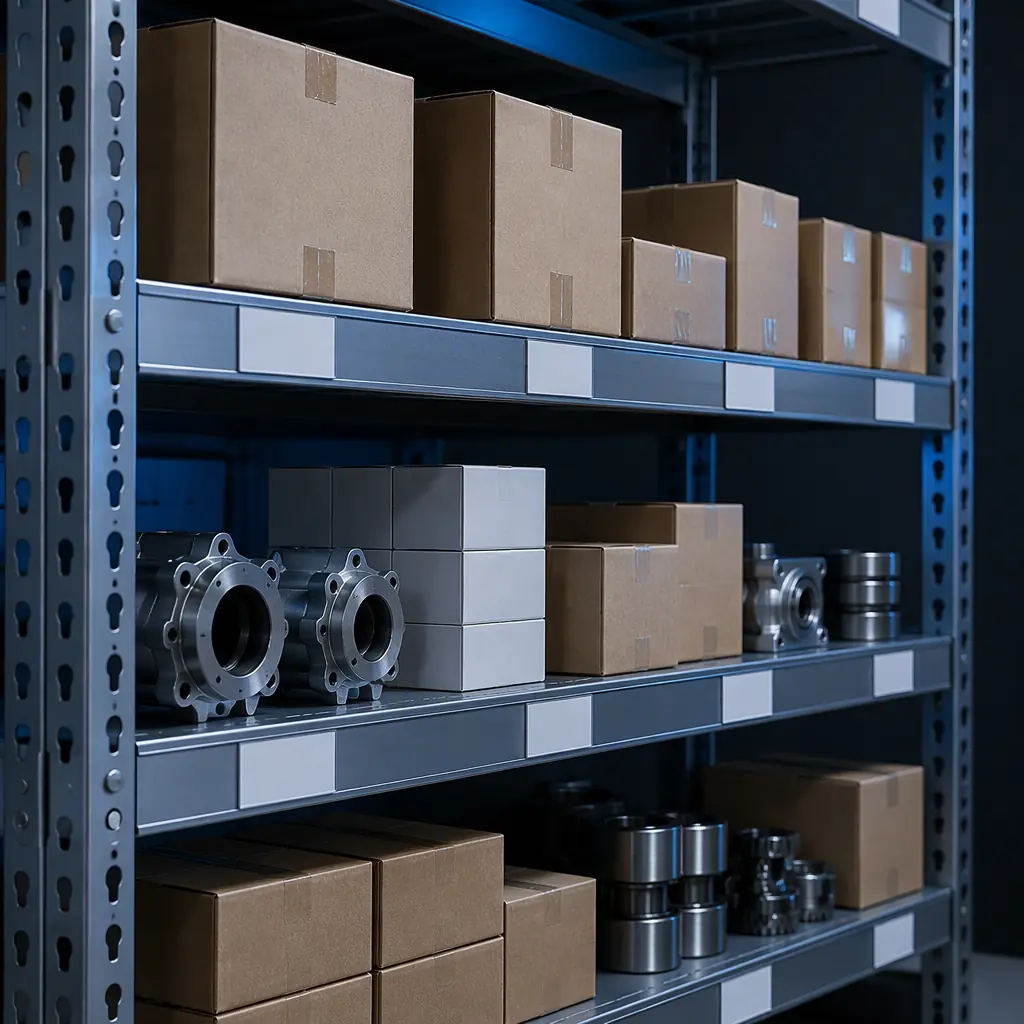 Overhead photograph of an organised spare parts depot with labelled bin shelving holding 3D printer consumables, packed cardboard shipping cartons in the foreground