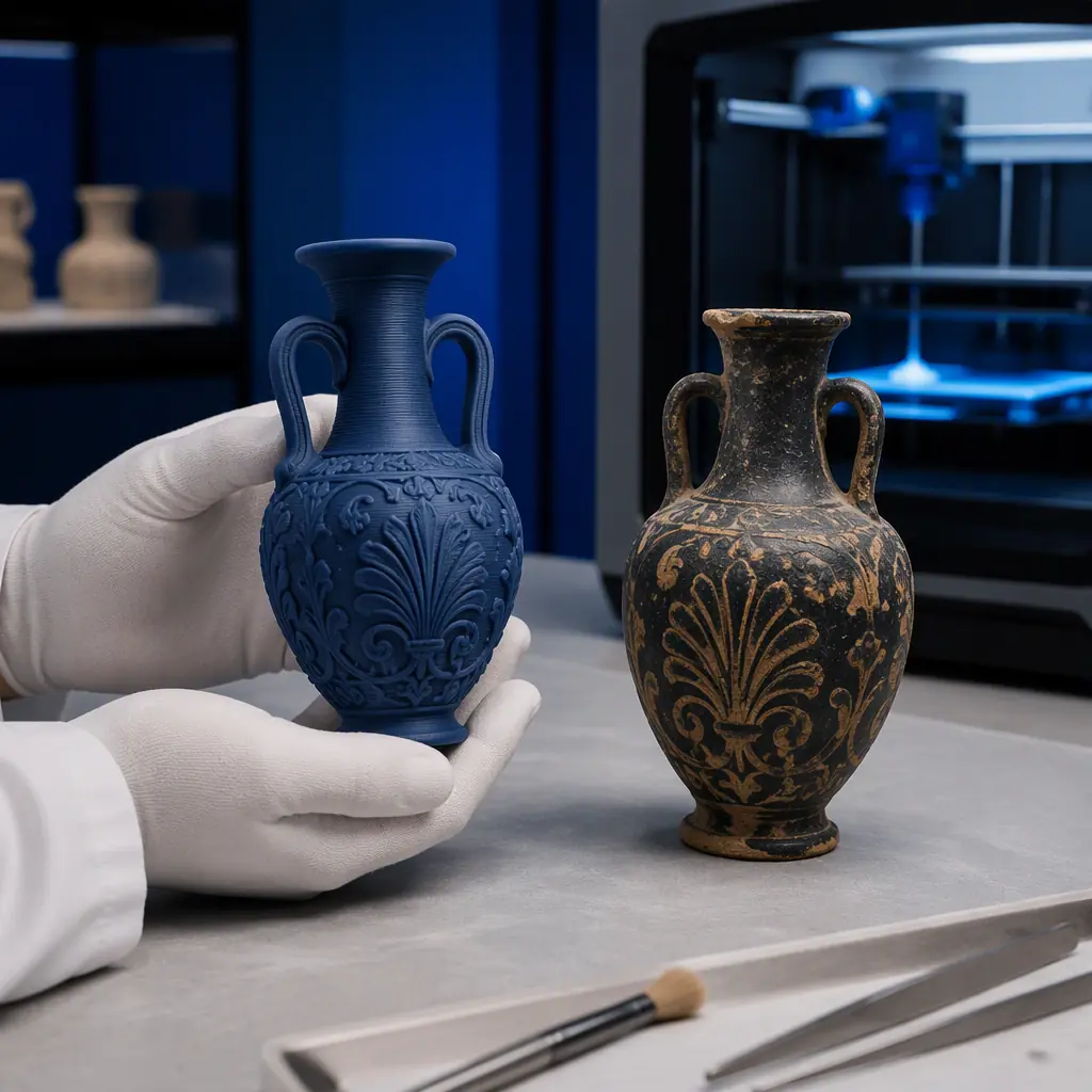 3D printed artifact replica of a ceramic vessel beside the original in a museum conservation lab, white-gloved conservator handling the replica, soft gallery lighting