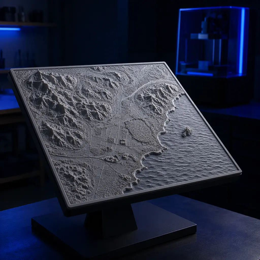 Raised-relief tactile model of a historical map being inspected by a museum educator, relief texture clearly visible, accessible exhibition setting