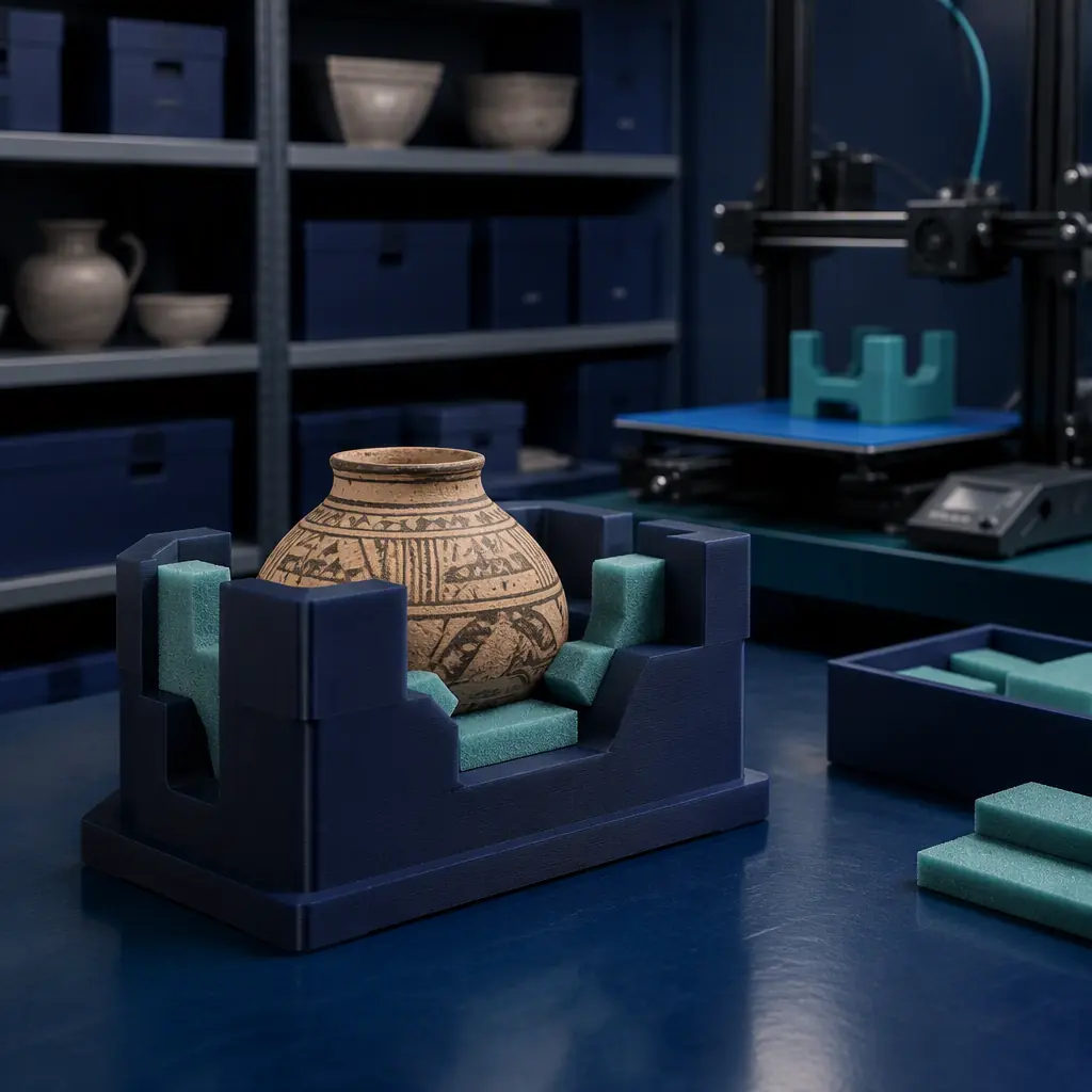 Custom conservation cradle printed in nylon holding a ceramic artifact in a museum storage room, padded supports visible, archival storage shelving