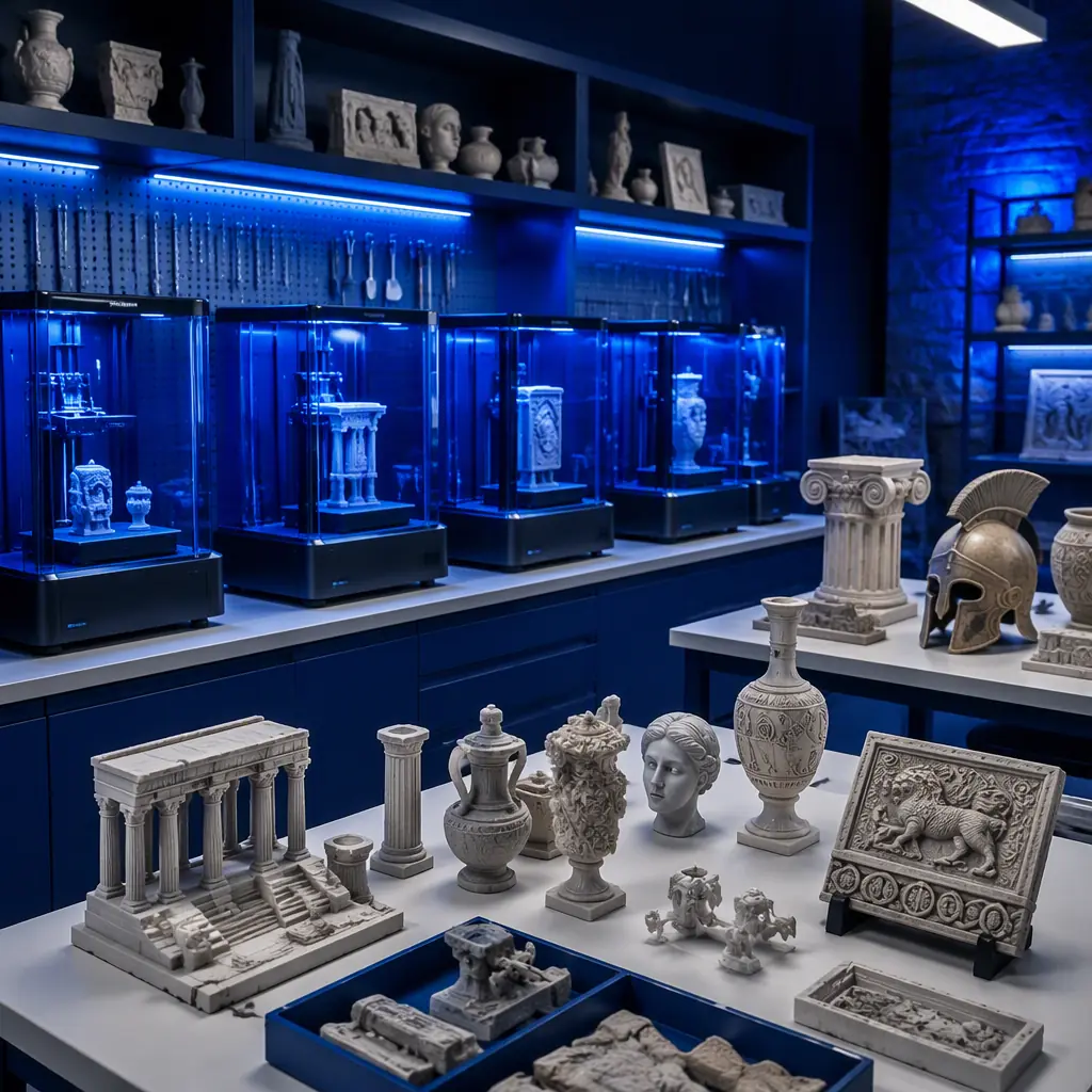 Row of resin 3D printers producing artifact replicas in a museum workshop, finished replicas and exhibit props on nearby tables, bright workshop lighting