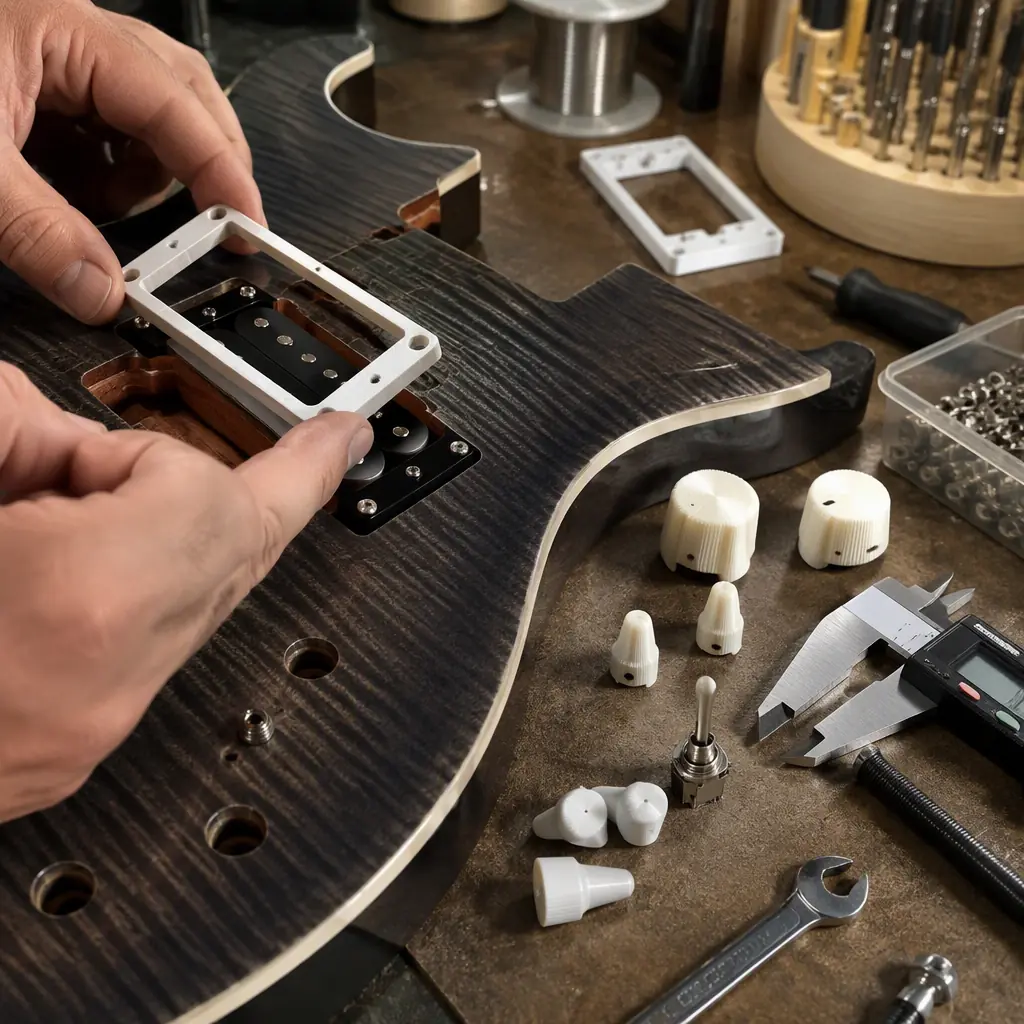 Electric guitar on a workbench in a luthier workshop with 3D printed pickup rings and knobs being fitted, printed parts and tools around