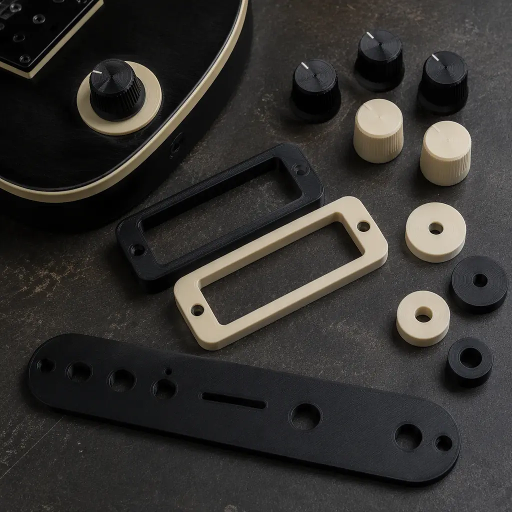 3D printed guitar knobs, pickup rings and caps in matte black and cream arranged on a dark workbench, some fitted on a guitar body, studio lighting