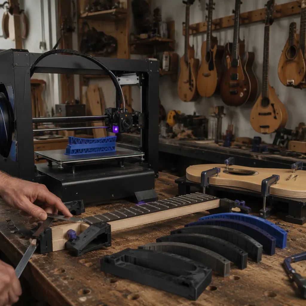 Luthier workshop with a 3D printer printing a guitar part, fret radius jigs and clamping fixtures made of printed material on the bench, instruments on the wall