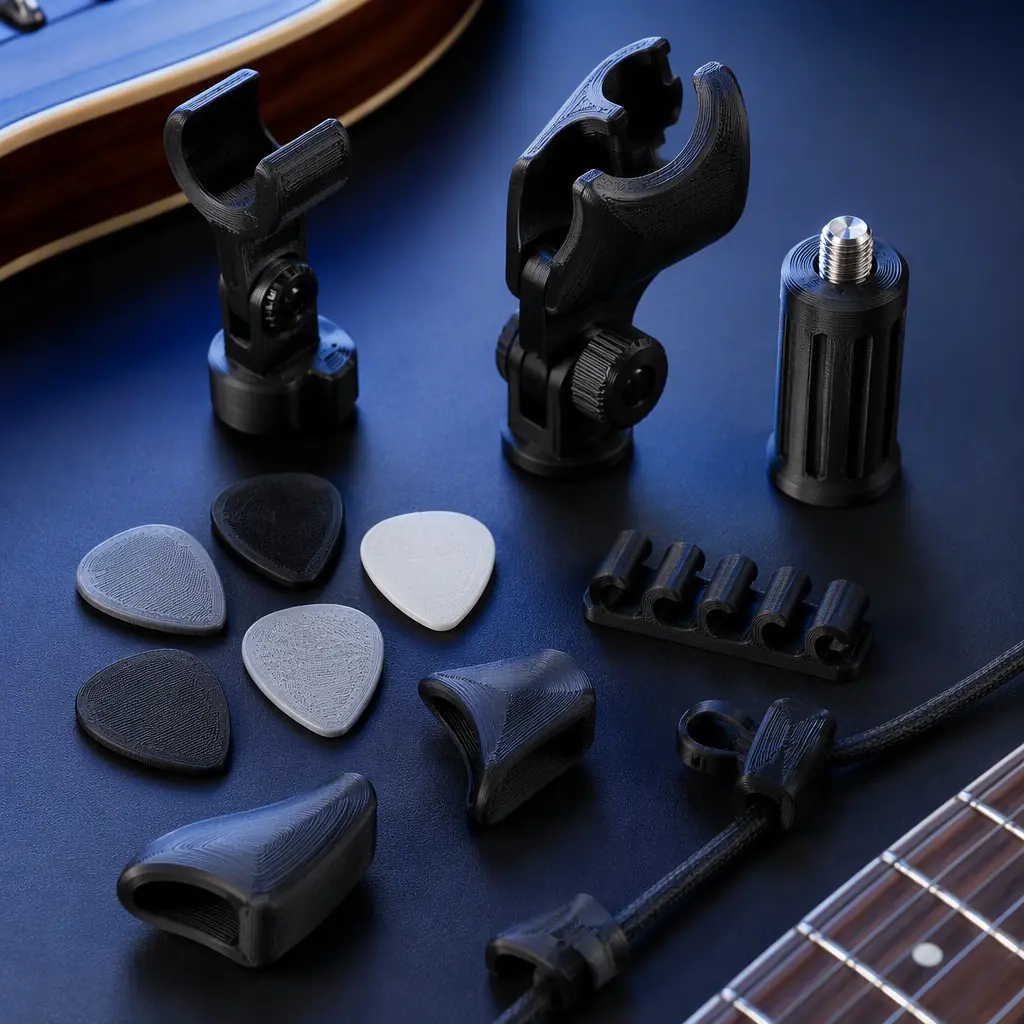 Collection of 3D printed instrument accessories - picks, thumb rests, mic clips, cable clips and stand adapters - arranged on a dark surface with soft studio lighting
