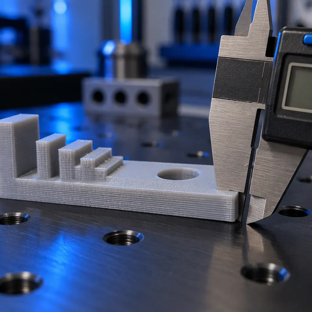 Macro close-up of a 3D printed test coupon on a dark inspection bench beside a digital caliper and inspection report sheet, blue accent lighting, high detail