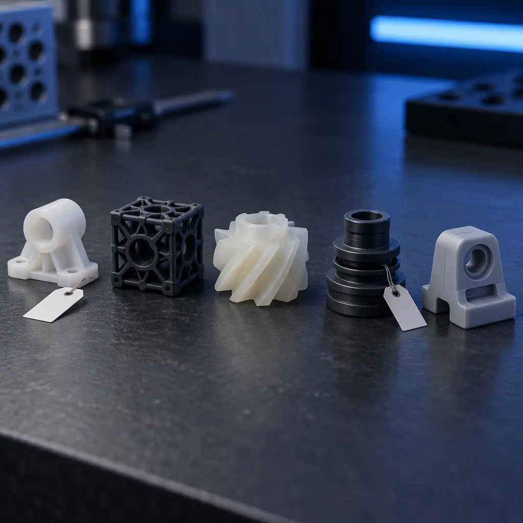 Printed technical polymer parts of varying geometry arranged on a dark inspection surface, several marked with a nonconformance tag, depth of field, blue accent lighting