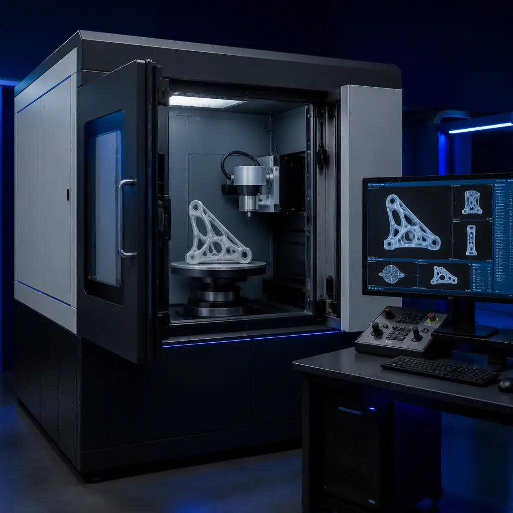 Industrial CT scanner with a printed part rotating on the scan stage inside the chamber, control monitor beside it