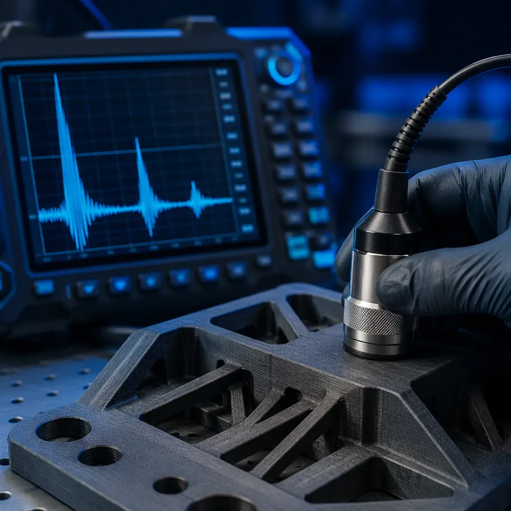 Ultrasonic flaw detector probe pressed against a printed part, live waveform on the screen showing internal reflections