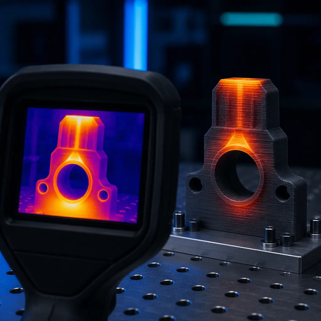 Thermal imaging camera showing heat distribution across a printed component on a test bench, bond-line detail visible
