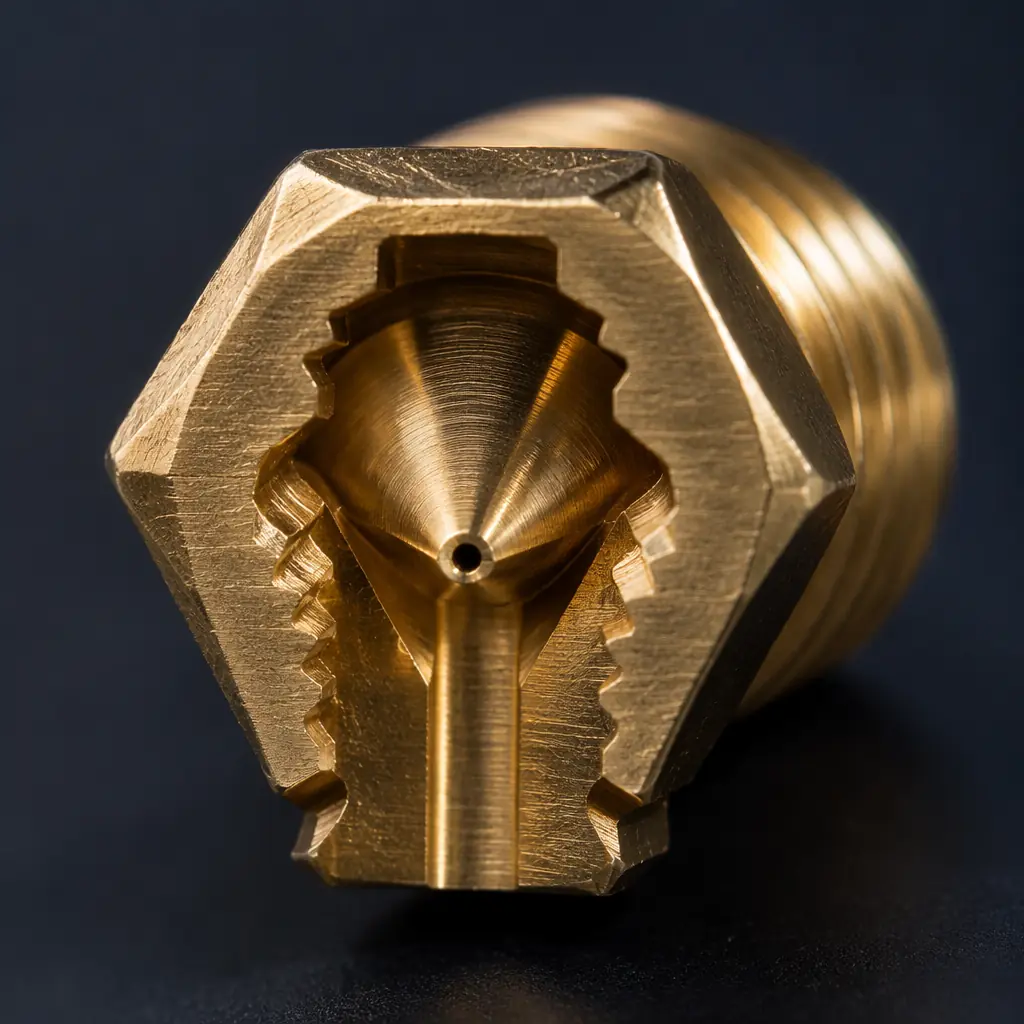 Macro close-up of brass 3D printer nozzle tip on dark reflective surface, nozzle orifice visible, precision machined threads and hex flats, studio lighting with electric blue accent reflection