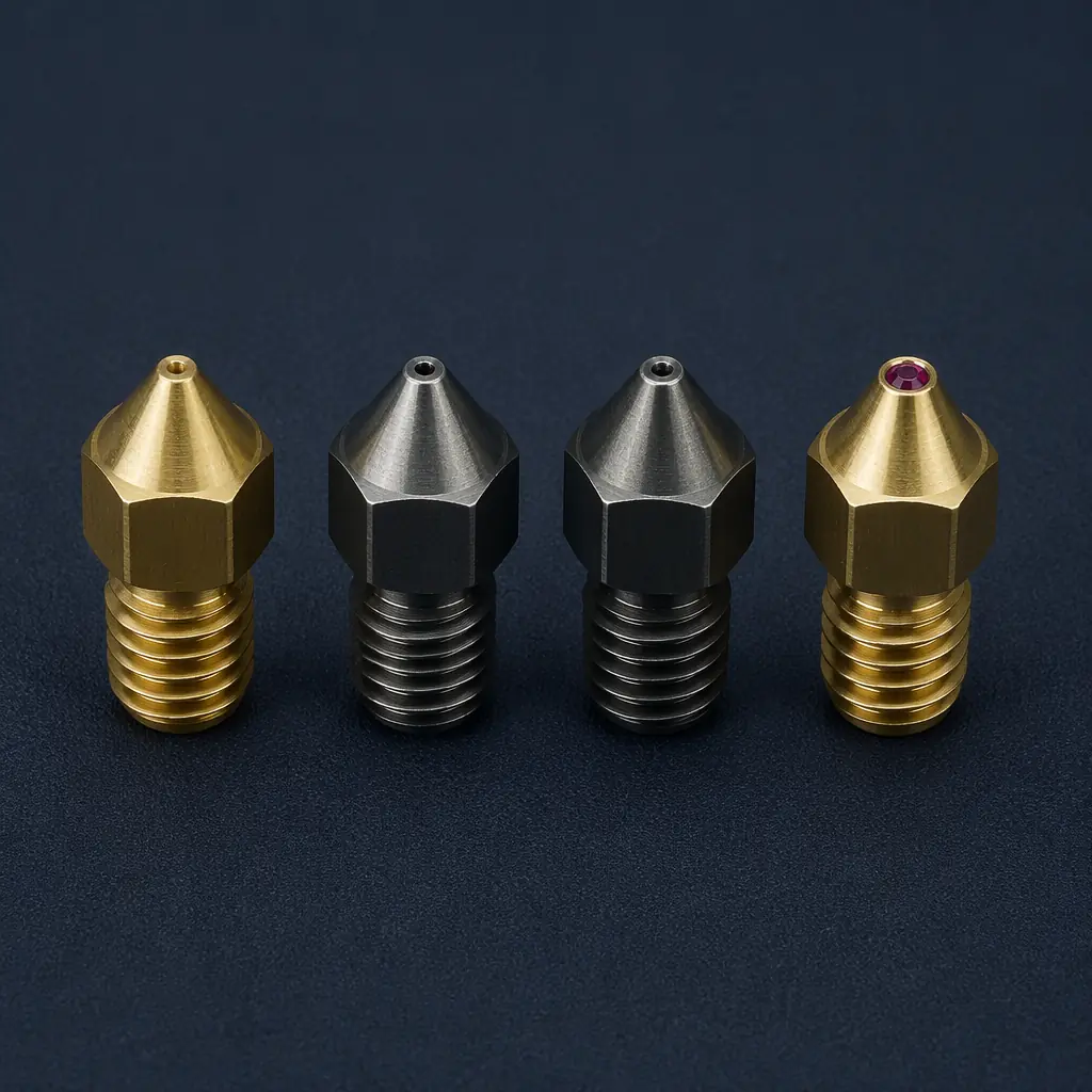 Side-by-side array of four 3D printer nozzles in different materials: brass, hardened steel, tungsten carbide, ruby-tipped, arranged on dark surface, macro photography showing color and surface finish differences, clean industrial lighting