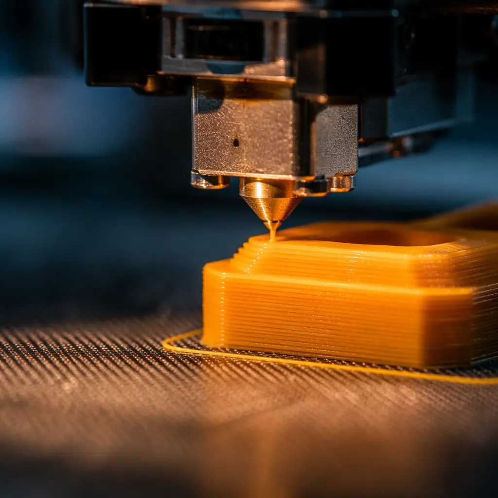 Close-up photograph of 3D printer nozzle actively extruding filament, molten plastic emerging from 0.4mm orifice, layer lines forming on print bed, macro photography with warm extruded filament against cool dark background