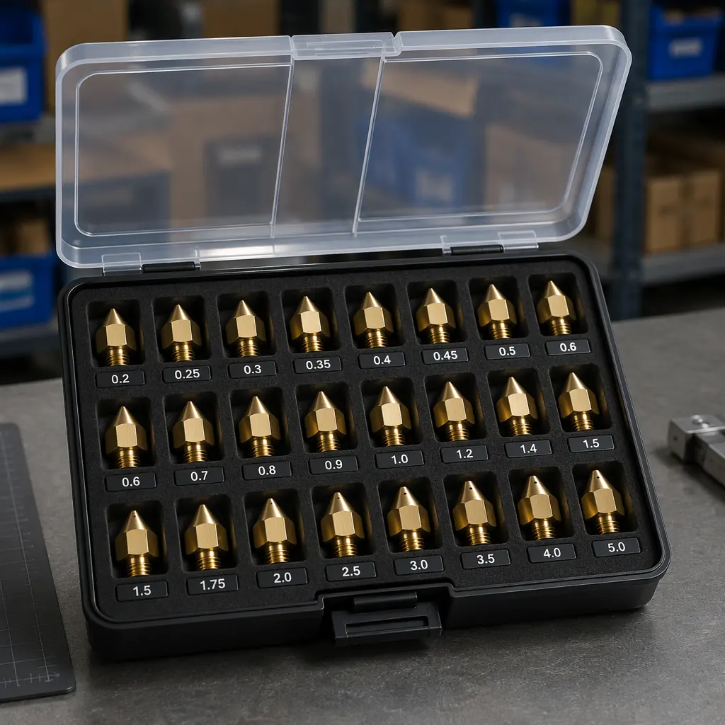 Organized display of 3D printer nozzle assortment in compartment case, multiple diameters and materials labeled, on distributor warehouse shelf, clean industrial setting