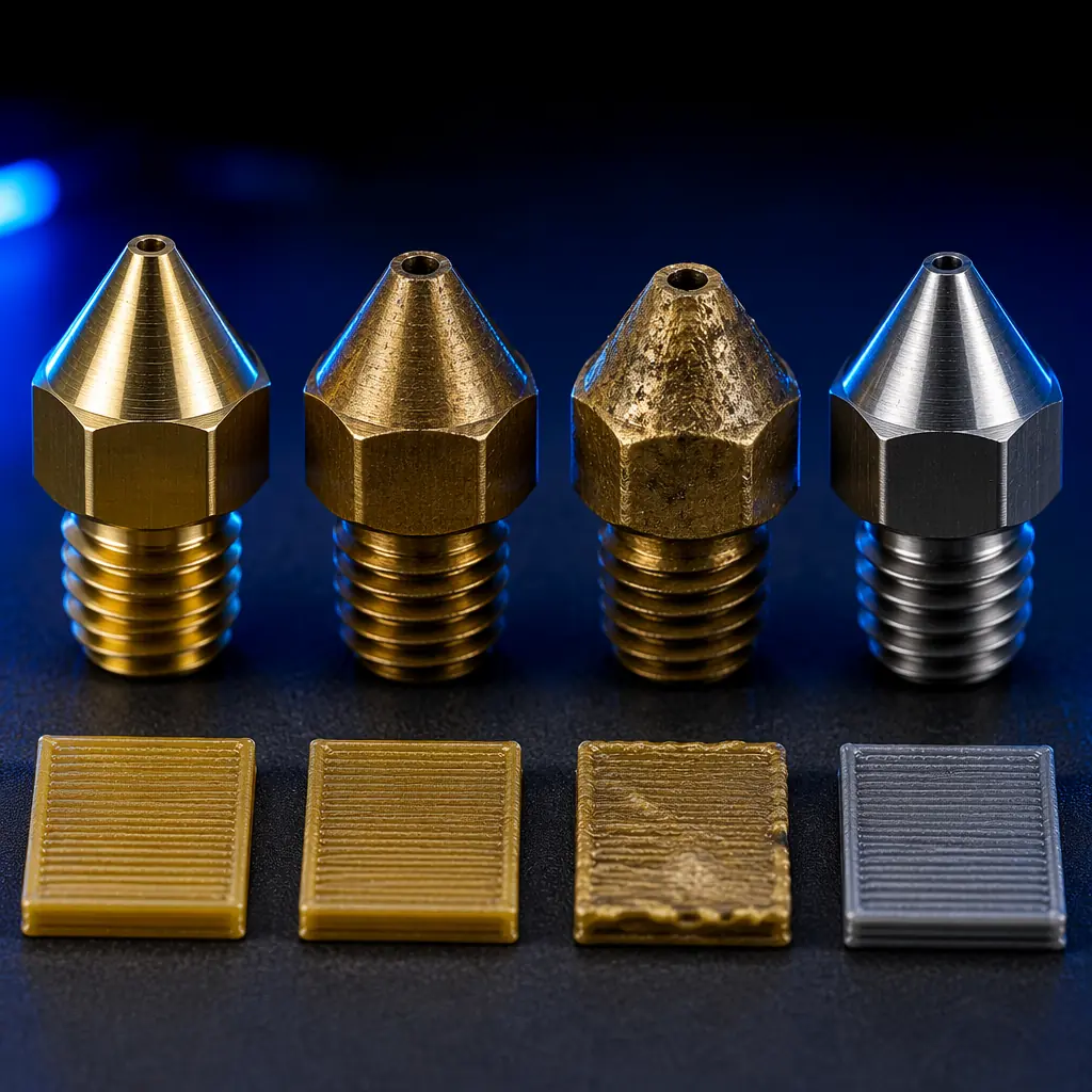 Close-up macro comparison of four 3D printer nozzles with different levels of wear: new brass, 800-hour brass with visible bore enlargement, hardened steel after 2000 hours, and ruby-tipped precision nozzle