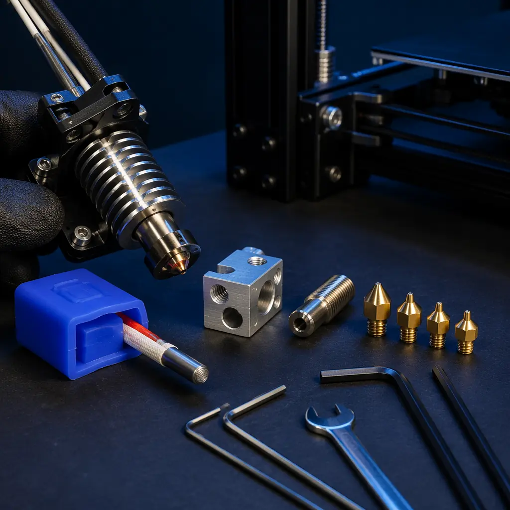 3D printer hotend disassembled on workbench showing all-metal heat break, heater block, and interchangeable nozzle — maintenance tools visible in professional workshop setting