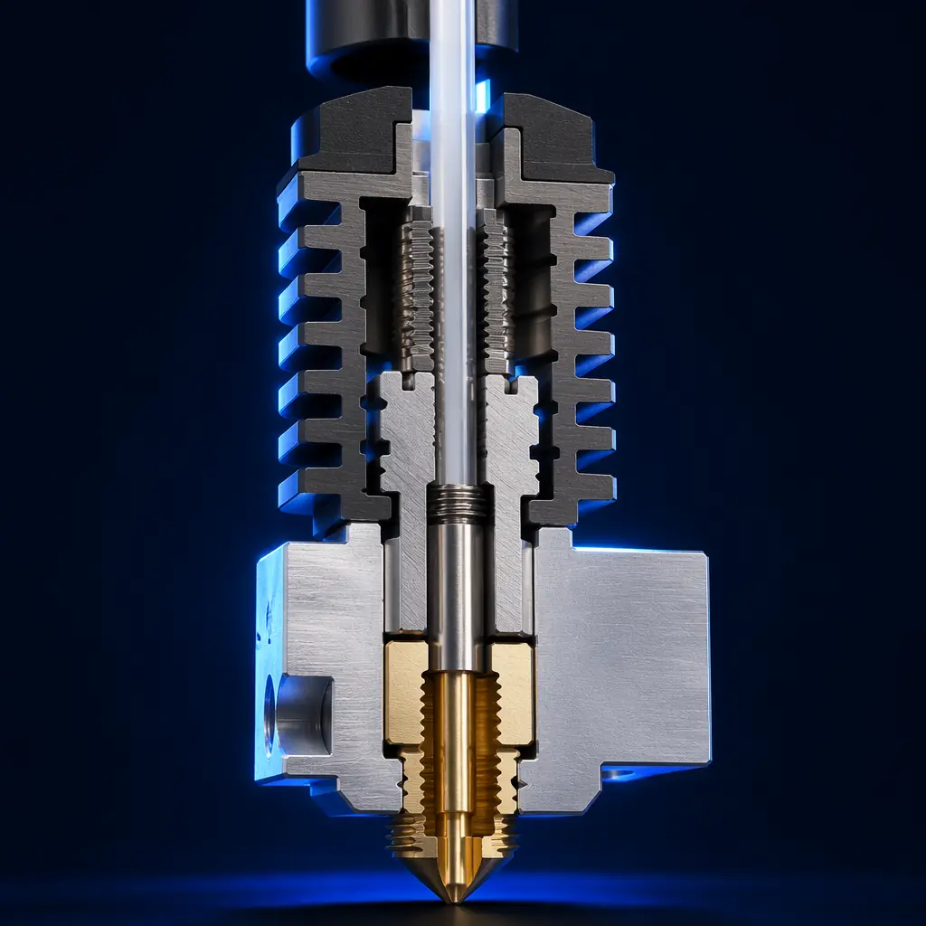 3D printer hotend cross-section render showing all-metal heat break design with distinct thermal zones — titanium heat break, aluminum heater block, and interchangeable brass nozzle visible in photorealistic detail