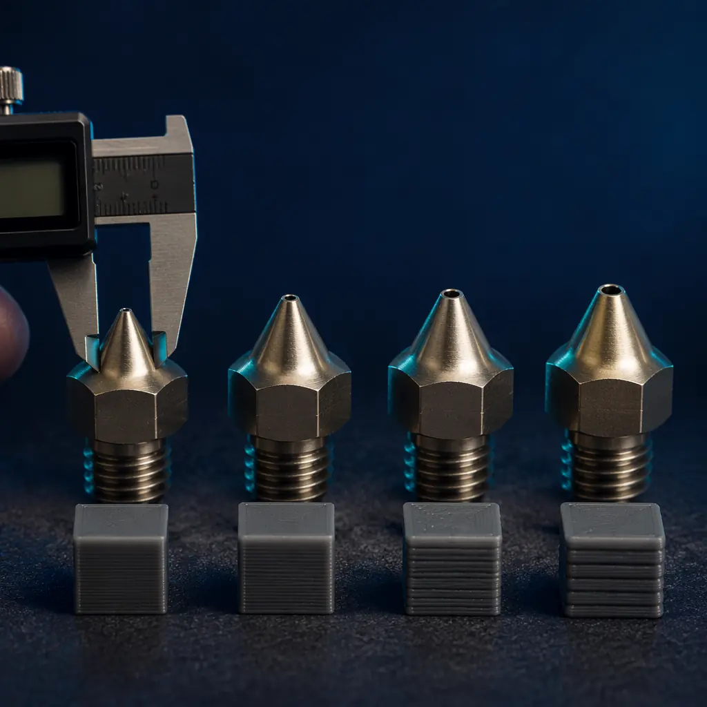 Assortment of 3D printer nozzles in different diameters on dark workshop surface — 0.2mm, 0.4mm, 0.6mm, 0.8mm sizes arranged side by side with printed comparison swatches showing layer line differences
