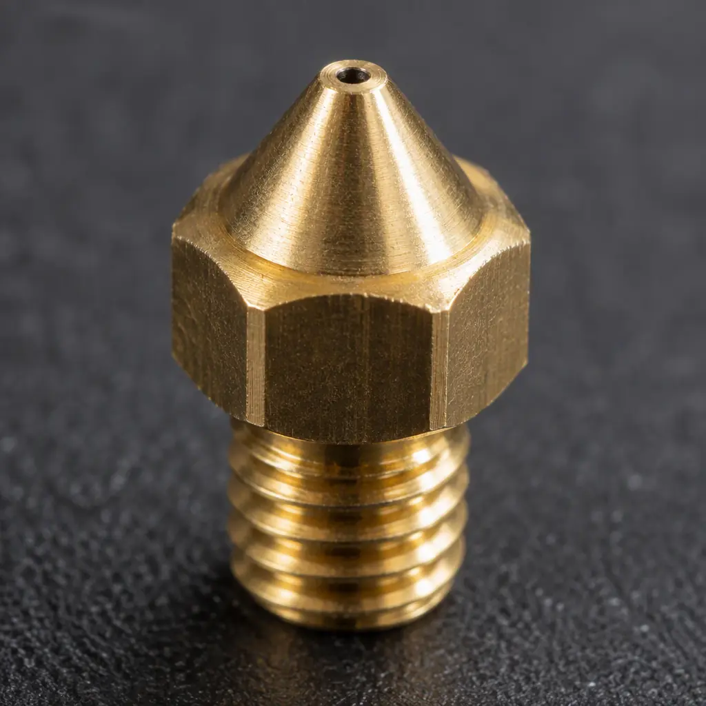 Extreme macro photograph comparing a worn brass 3D printer nozzle with an enlarged and oval orifice against a sharp new hardened steel nozzle on a dark workshop surface