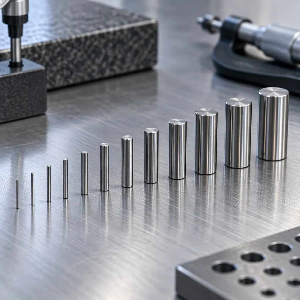 Macro photograph of a set of small graduated precision gauge pins arranged in a row on a brushed metal inspection bench