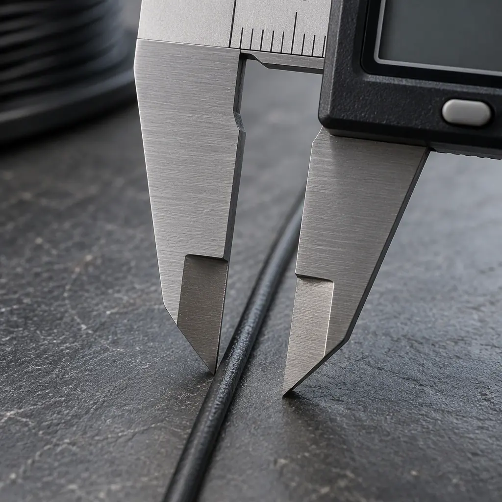 Macro photograph of a digital caliper measuring a freshly extruded line of black filament on a workbench