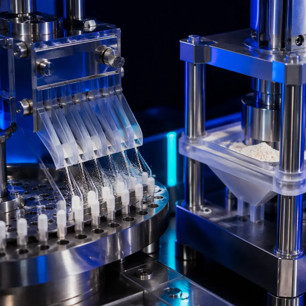Macro close-up of 3D printed capsule-filler transfer chutes and tablet press feed frames on a stainless supplement line, polished stainless machine and gentle powder particles, clean GMP lighting with electric blue accent, deep navy ambient, no text