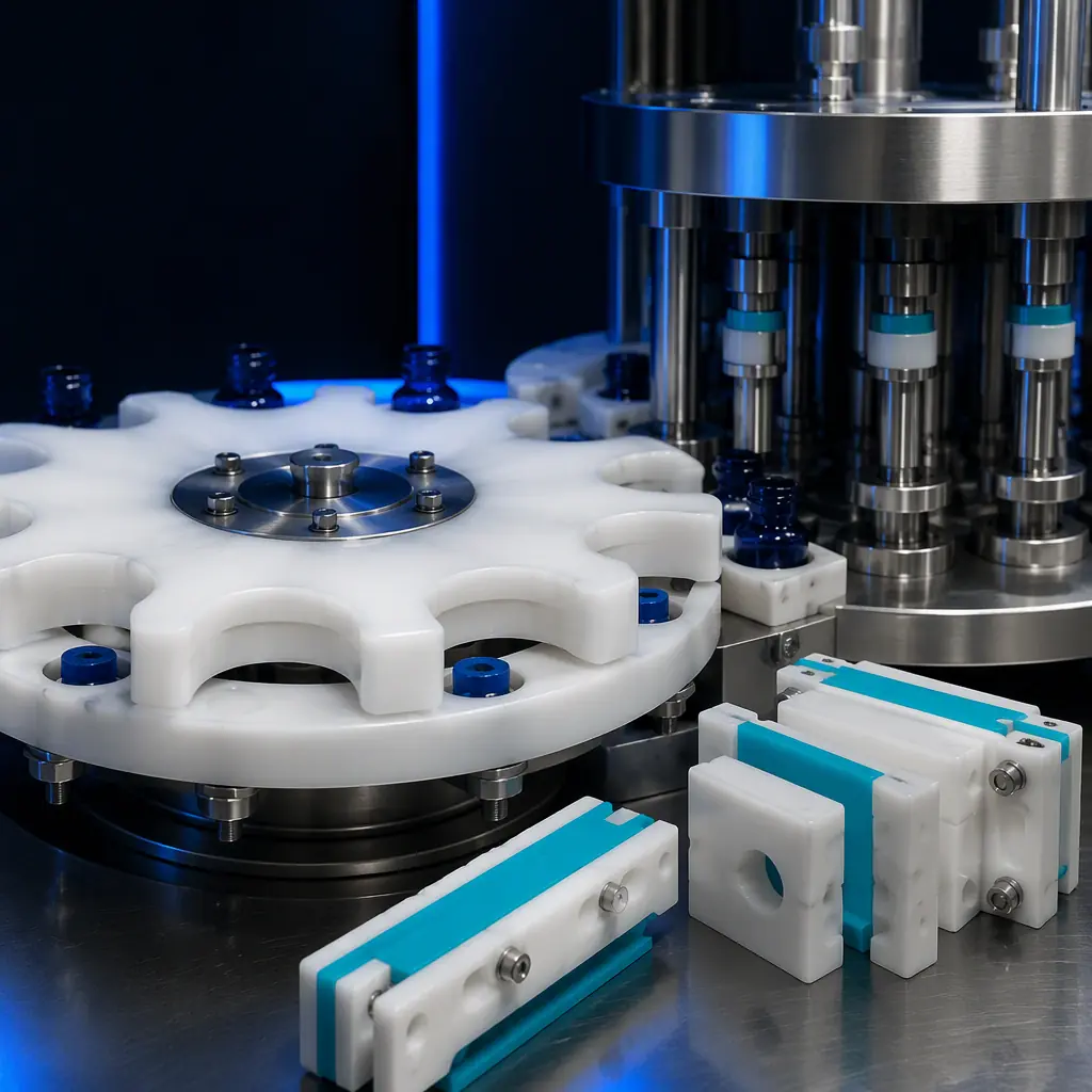 3D printed bottle-handling star wheel and bottle guide change parts beside a supplement filling and capping turret, clean GMP stainless environment, polished polymer edges visible, cold industrial lighting with electric blue accent, no text