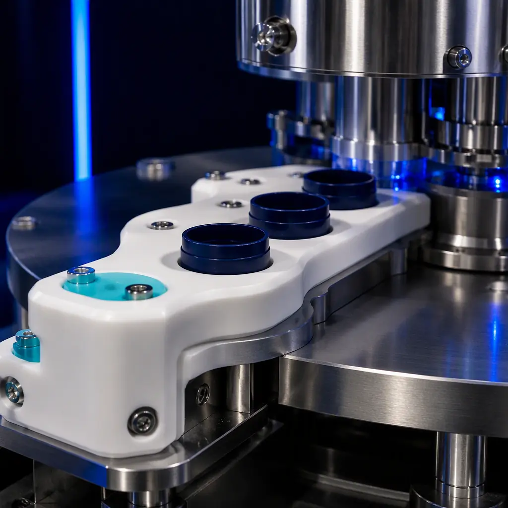 3D printed food-grade inspection nest and cap guide for a supplement line, mounted on a stainless fill / cap machine with polished surfaces and gentle warm-neutral lighting, clean GMP context with electric blue accent, no text