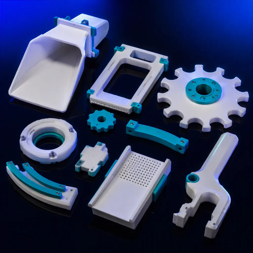 Array of 3D printed nutraceutical-line change parts on a dark maintenance bench: capsule-filler transfer chute, tablet feed frame, bottle star wheel, cap guide, cast in food-grade polymer with a subtle teal brand-free accent, deep navy background, precision engineering lighting, no text