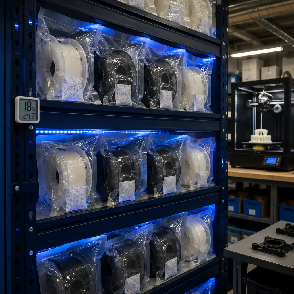 Assortment of nylon 3D printing filament spools on industrial shelving, PA6 and PA12 labels visible, vacuum-sealed packaging with desiccant, warehouse inventory setting with humidity monitor display
