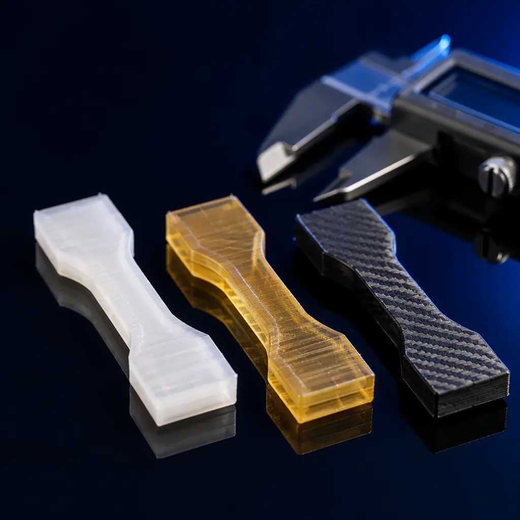 Macro close-up of three nylon 3D printed test coupons side by side on dark surface — PA6 natural white, PA12 translucent, PA-CF matte black with visible carbon fiber texture, caliper measurement tool nearby