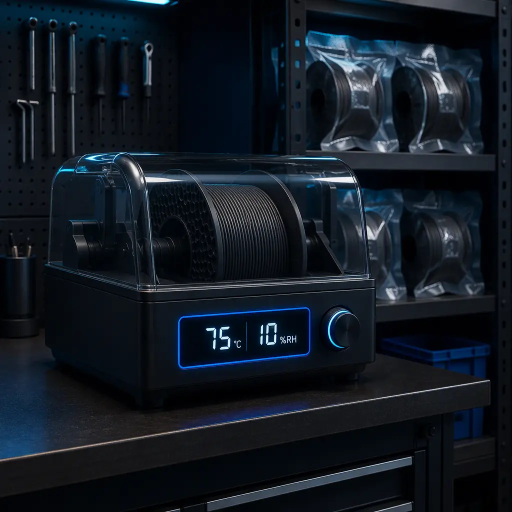 Filament dryer unit on workbench with PA-CF spool inside, digital display showing 75°C and 10% RH, vacuum-sealed spare spools visible on shelf behind, industrial workshop setting