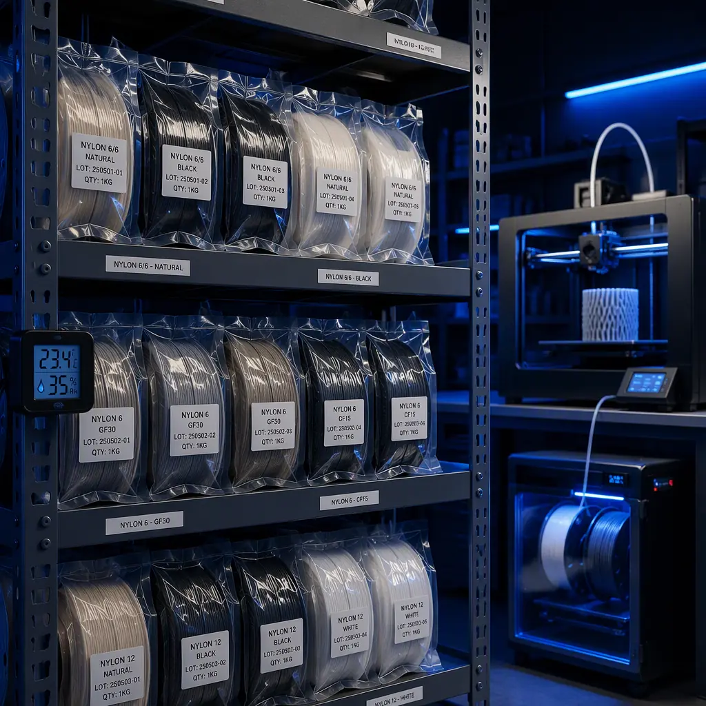 Warehouse shelving unit with organized nylon filament inventory, vacuum-sealed spools labeled by grade and lot number, humidity monitor on shelf, industrial lighting, 3D printer visible in background printing test part
