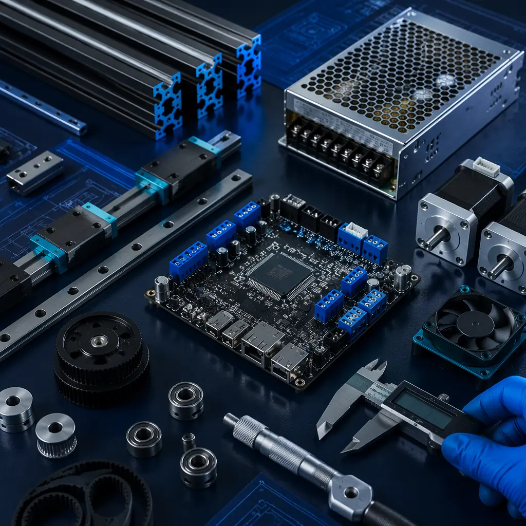 Industrial interior of 3D printer assembly line in Shenzhen factory — rows of partially assembled CoreXY printers on workstations, calibration equipment visible, clean manufacturing environment with bright LED lighting