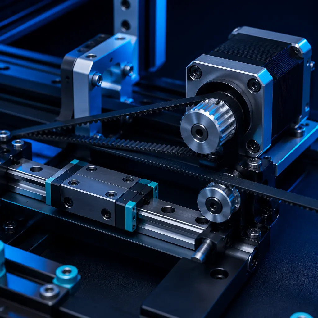 Close-up of 3D printer components laid out for cost analysis on engineering workbench — stepper motors, linear rails, aluminum extrusions, mainboard, power supply — precision engineering documentation shot