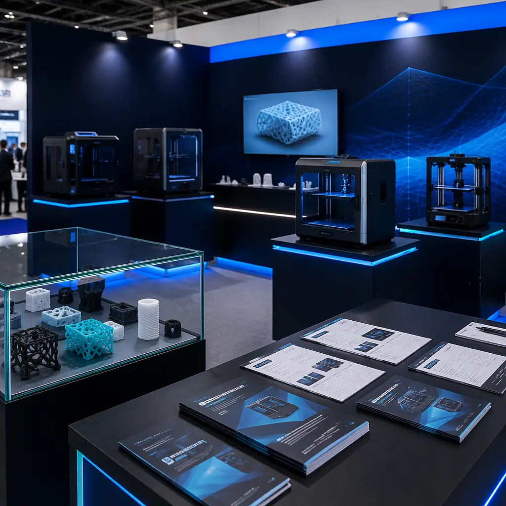 Trade show setting — 3D printers on display at exhibition booth, distributor representative reviewing pricing sheet with factory sales manager, product brochures and specification sheets on table, professional business meeting atmosphere