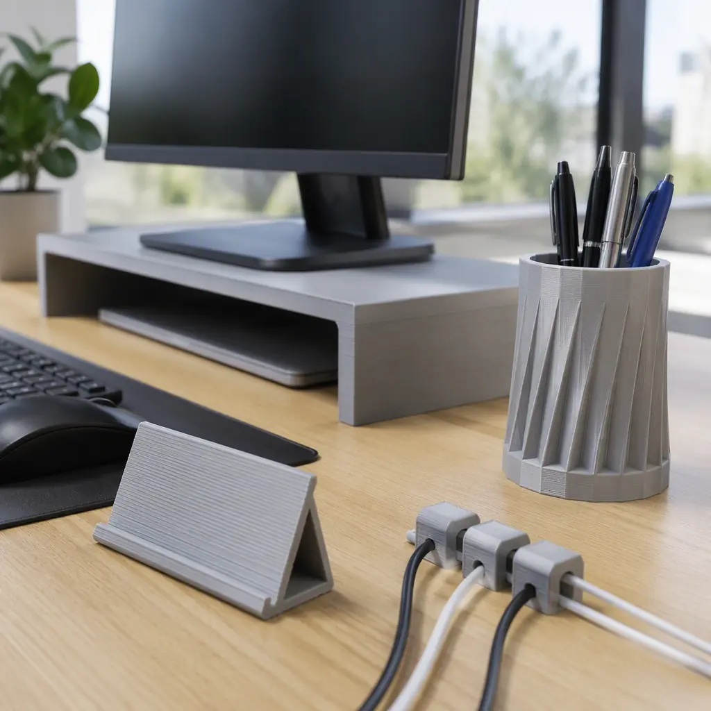 3D printed office desk accessories - pen holder, cable clips, monitor riser and nameplate - arranged on a modern office desk, clean bright daylight, photorealistic, no people, no text, no logos