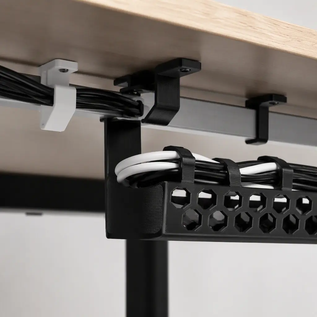 Macro close-up of 3D printed cable management clips and under-desk cable trays being mounted under an office desk, PETG parts in matte black and white, clean workspace, photorealistic, no people, no text, no logos