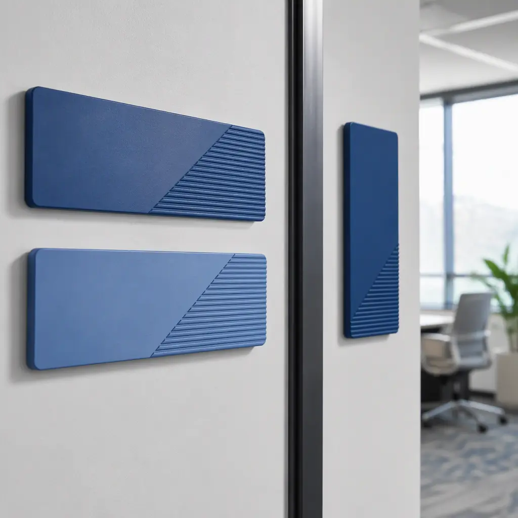 3D printed office nameplates and wayfinding door signs in brand colors mounted on an office wall, clean modern workplace interior, soft daylight, photorealistic, no people, no text, no logos
