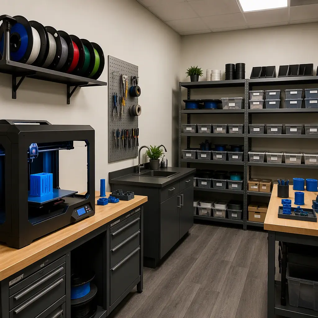 Small print station in an office facilities room, 3D printer producing desk accessories, shelves with organized spare parts bins, clean bright workspace, photorealistic, no people, no text, no logos