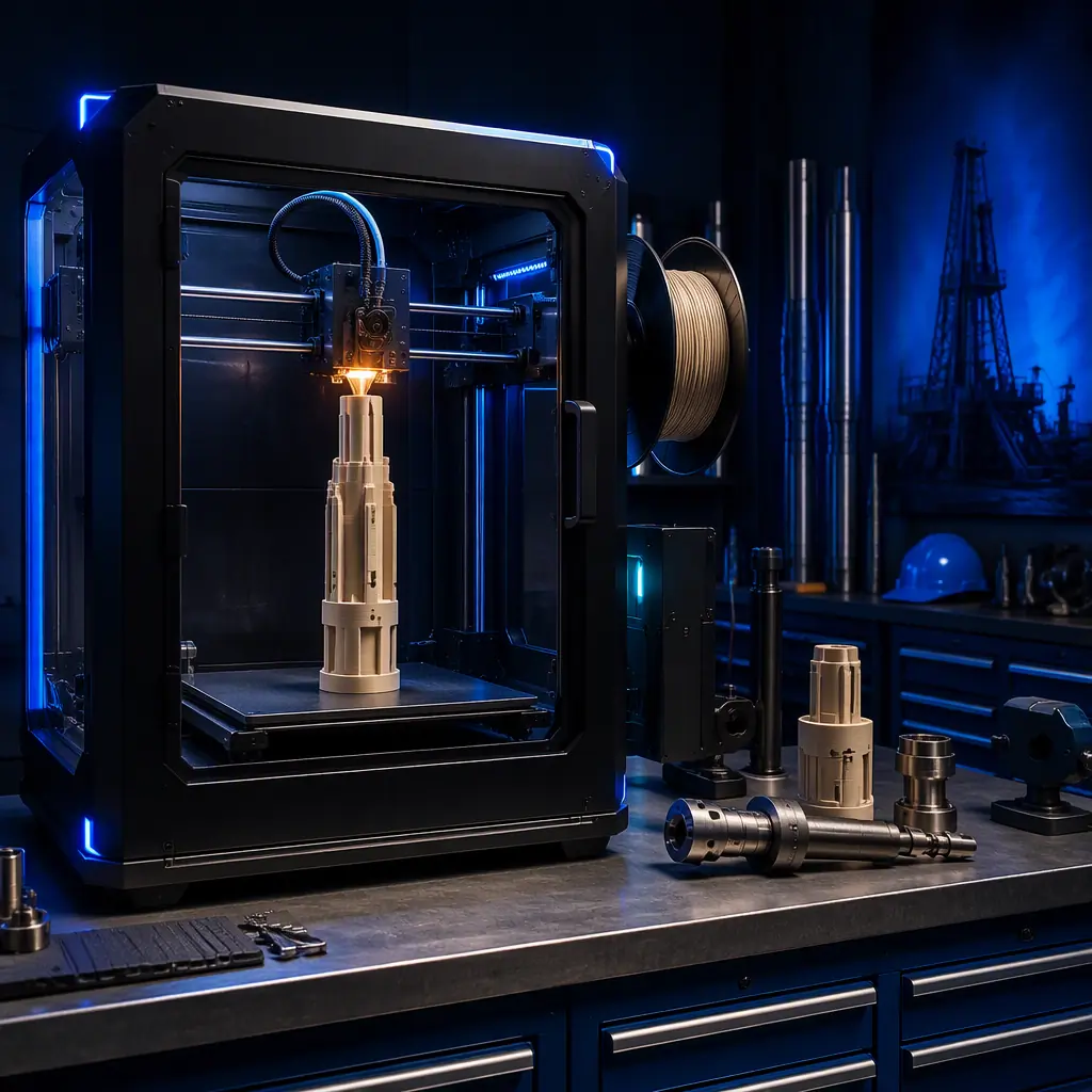 High-temperature 3D printer in an oilfield maintenance shop printing a PEEK downhole tool prototype, peek filament spool visible, drilling equipment and tool chests in background, industrial workshop lighting