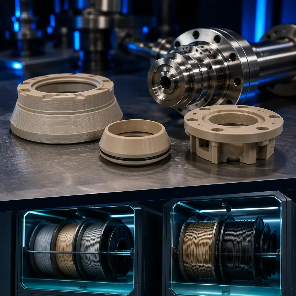 Macro close-up of PEEK valve seat and seal carrier 3D printed parts on a metal workbench next to a machined steel valve trim, high-temperature filament spools in dry storage boxes, refinery workshop setting