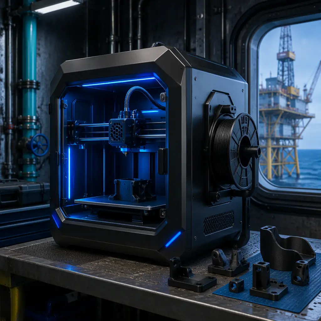 Compact enclosed 3D printer inside an offshore platform workshop, protective housing around the frame, PA-CF filament spool mounted, printed brackets and guards on a metal shelf, platform bulkhead and safety signage in background
