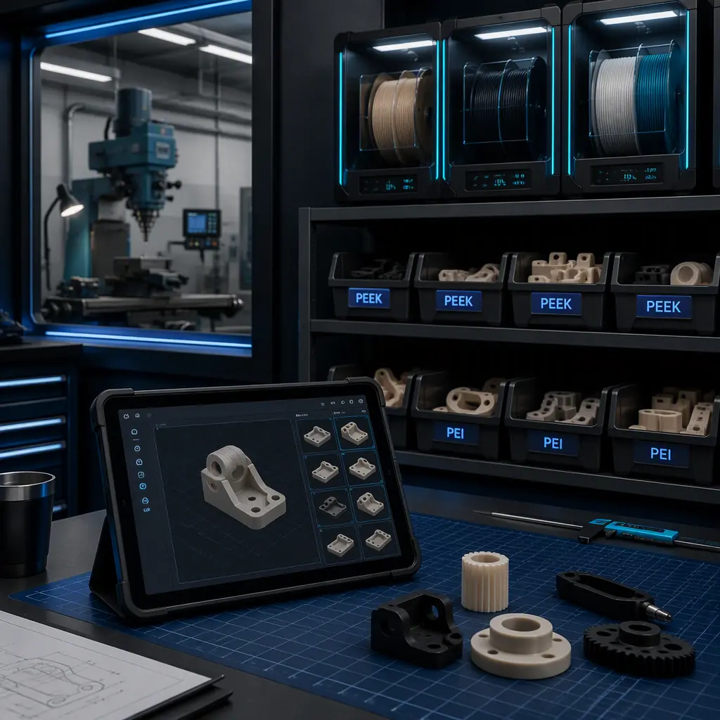 Digitized spare parts library on a tablet in an oilfield maintenance office, labeled bins of 3D printed PEEK and PEI spare parts, filament dry boxes on a shelf, drilling equipment through the office window