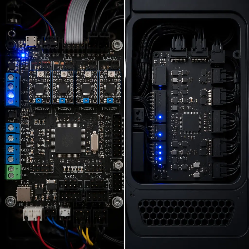 Side-by-side comparison shot: an open-source 3D printer with Klipper screen showing terminal interface next to a proprietary 3D printer with branded touchscreen UI, both on a dark tech-bench with filament spools