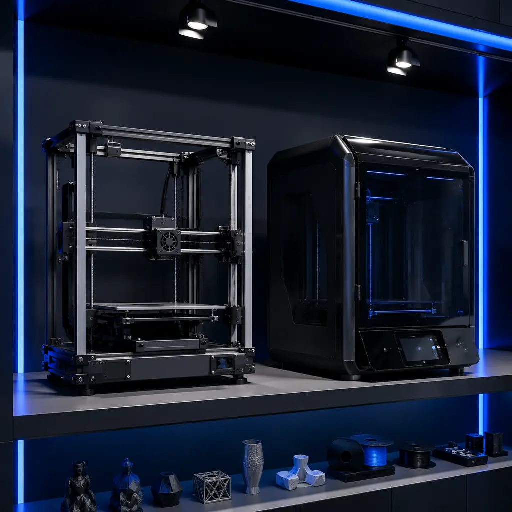 Two 3D printers on a retail display shelf: an open-frame bedslinger with exposed electronics and community branding on the left, and an enclosed proprietary printer with sleek consumer packaging and touchscreen on the right, trade show lighting